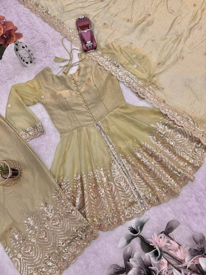 Fendy Satin Silk Gown Sharara Set with Mirror Work