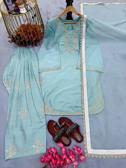 Designer Party Wear Look Pur Glass Satin Top & Farshi Palazzo With Dupatta