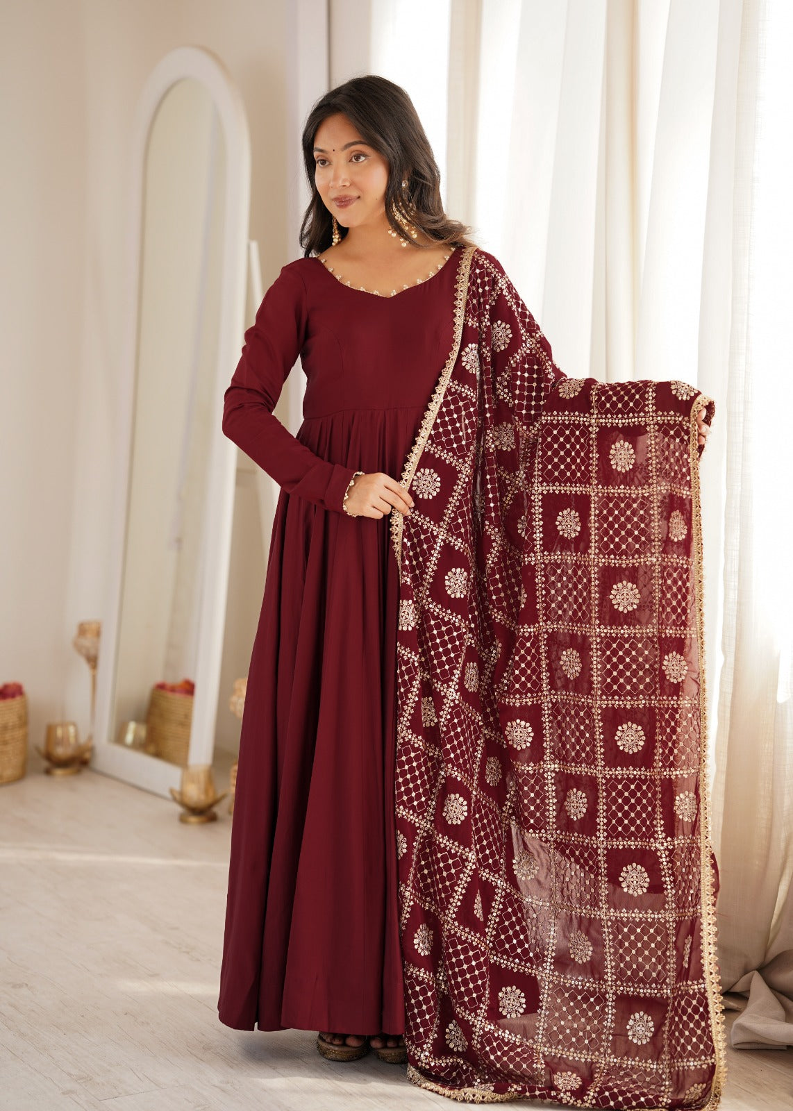 Heavy Roman Silk Chanderi Gown Set With Embroidered Dupatta & Bottom
