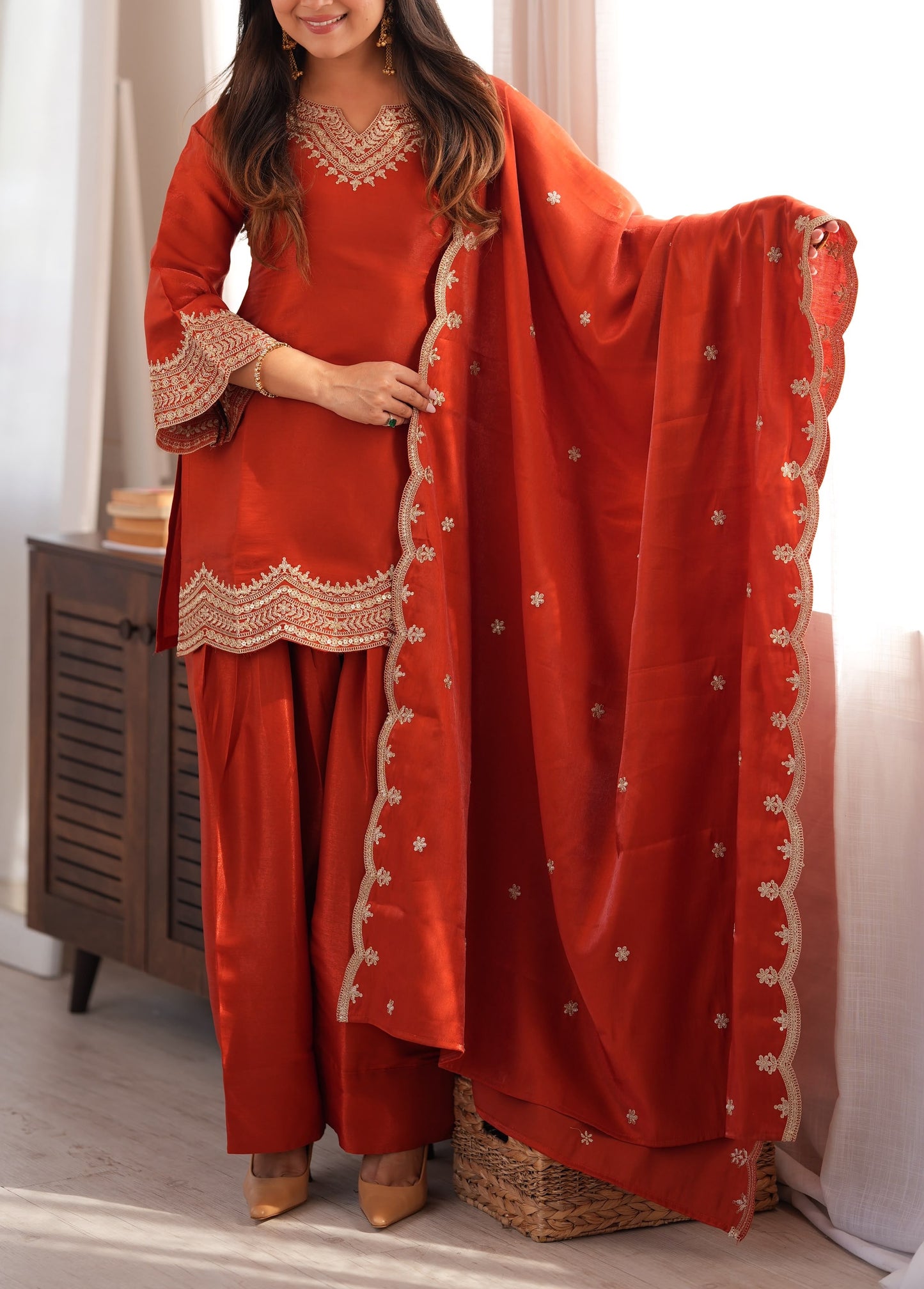 Glass Roman Silk Top, Farshi Salwar & Dupatta Set
