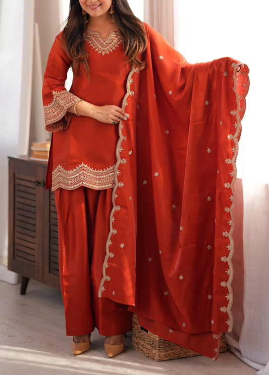 Glass Roman Silk Top, Farshi Salwar & Dupatta Set