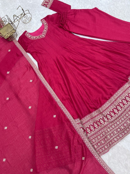 Blooming Vichitra Silk Anarkali, Pant & Dupatta Set