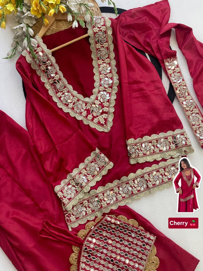Premium Chinon 4 Piece Sharara Suit Set With Mirror