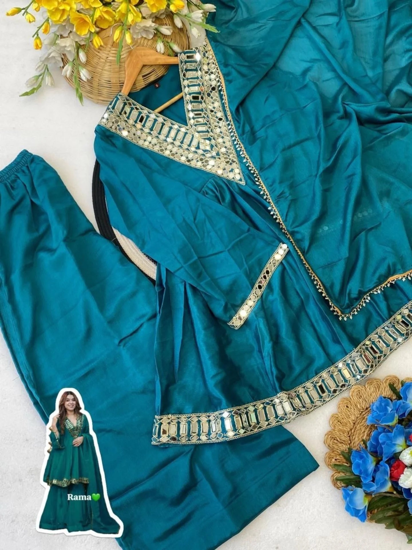 Premium Soft Chinon Mirror Work Palazzo Set With Dupatta