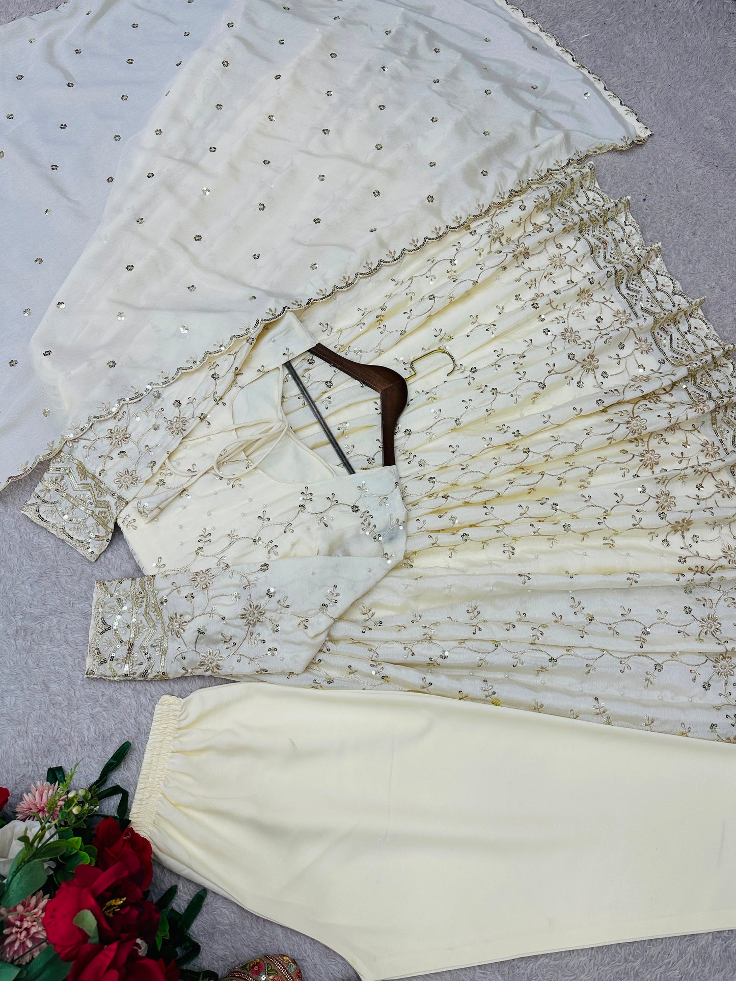 Premium Chinon Silk Embroidered Gown Set With Micro Silk Pant & Dupatta