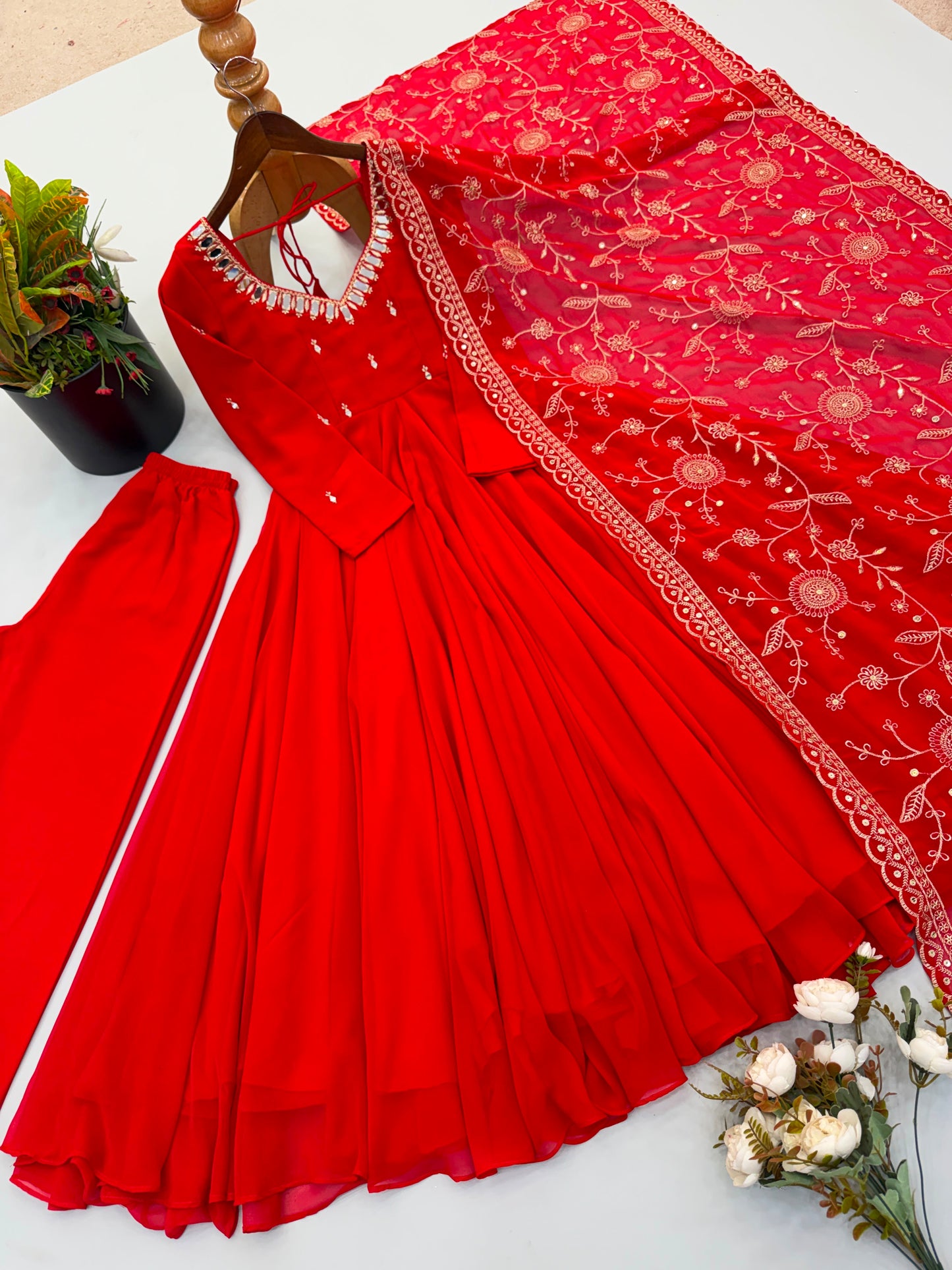 Premium Faux Georgette Khatli Mirror Work Anarkali Set With Dupatta