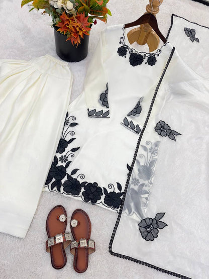 Fendy Silk Embroidery Thread Work Top, Farshi Pant & Dupatta Set