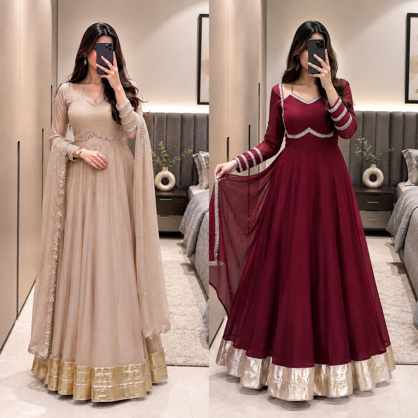 Premium Silver Crunchy Mirror Lace Gown With Designer Dupatta