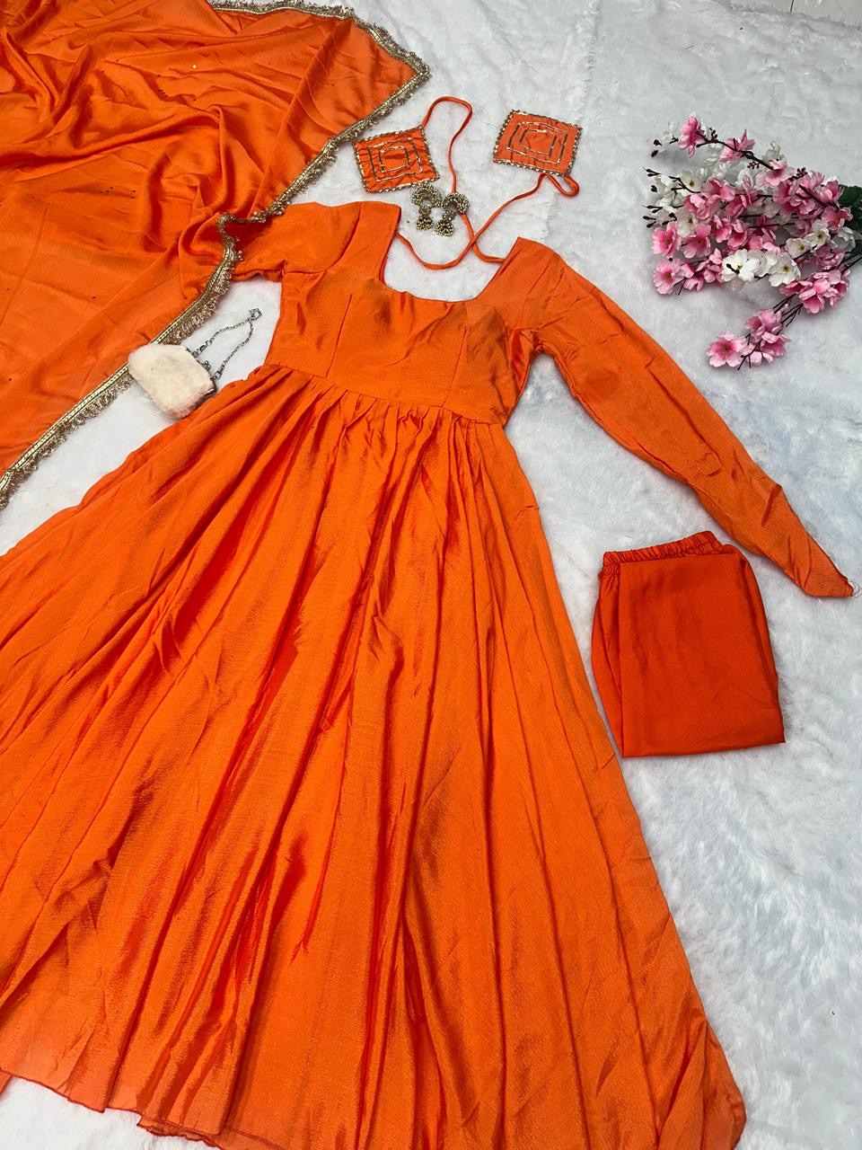 Chinon Silk Anarkali, Pant & Dupatta Set