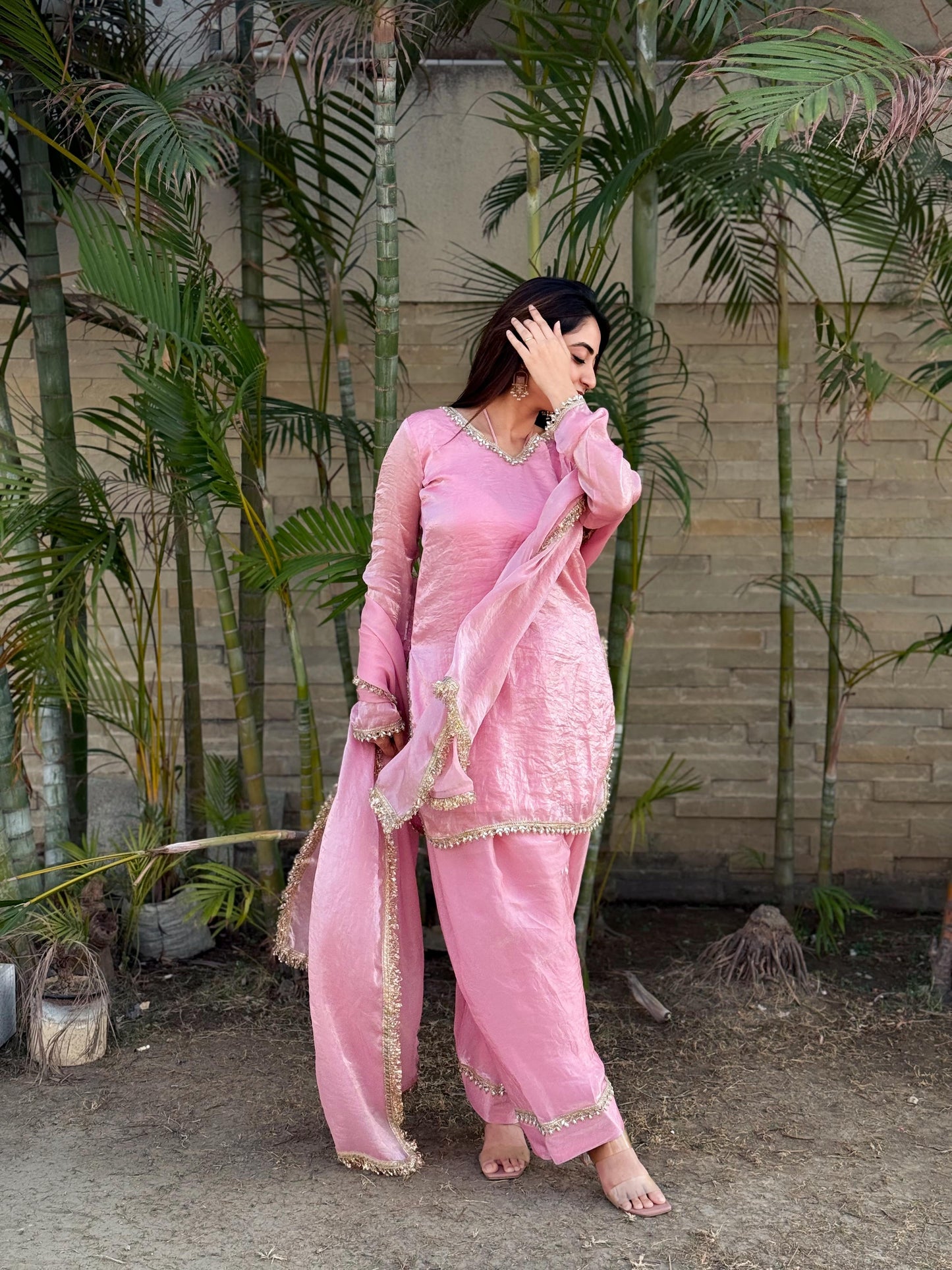 Designer Farsi Salwar Set – Fendi Satin Silk with Mirror Work