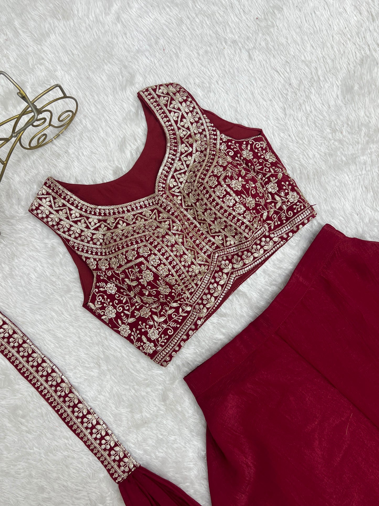 Designer Indo-Western Crunchy Silk Crop Top Palazzo Set