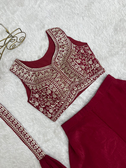Designer Indo-Western Crunchy Silk Crop Top Palazzo Set