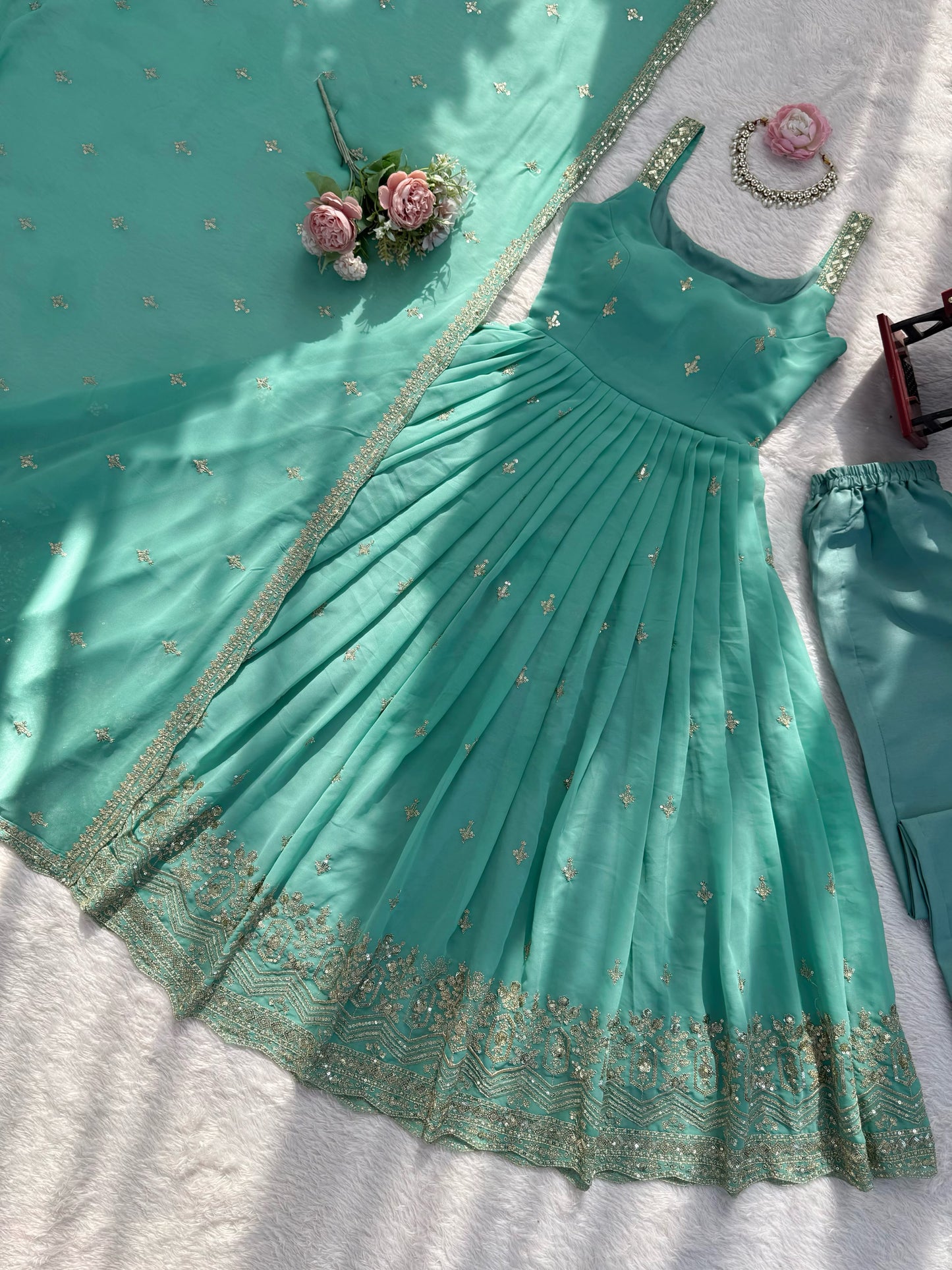 Premium Faux Georgette Embroidered Anarkali Set With Dupatta & Pant