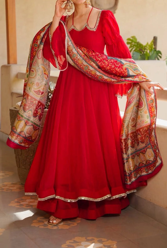 Premium Tabby Silk Mirror Lace Anarkali Set With Digital Printed Dupatta