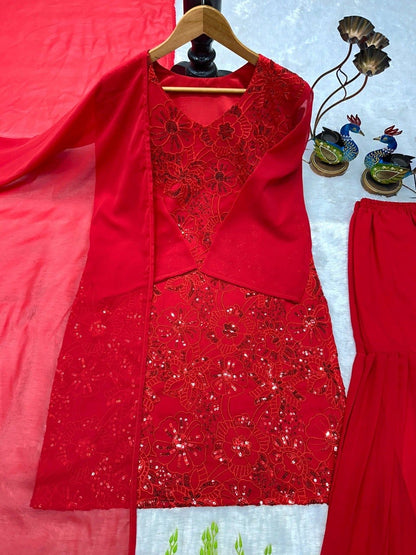 Designer Party Wear Heavy Fox Georgette Top, Palazzo & Dupatta Set