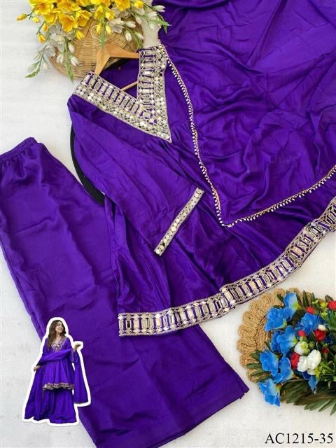 Premium Soft Chinon Mirror Work Palazzo Set With Dupatta