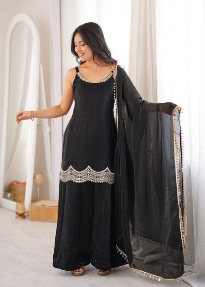 Fendy Silk Embroidered Mirror Work Sharara Set