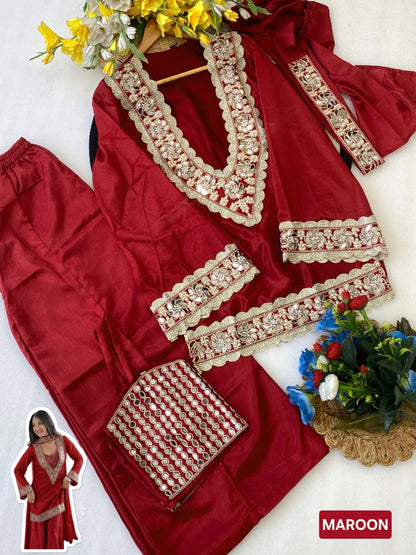 Premium Chinon 4 Piece Sharara Suit Set With Mirror