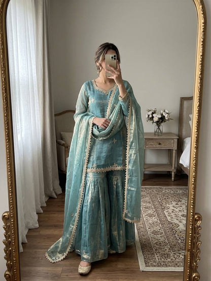 Fendy Silk Embroidery Sequence & Real Mirror Work Sharara Set With Dupatta