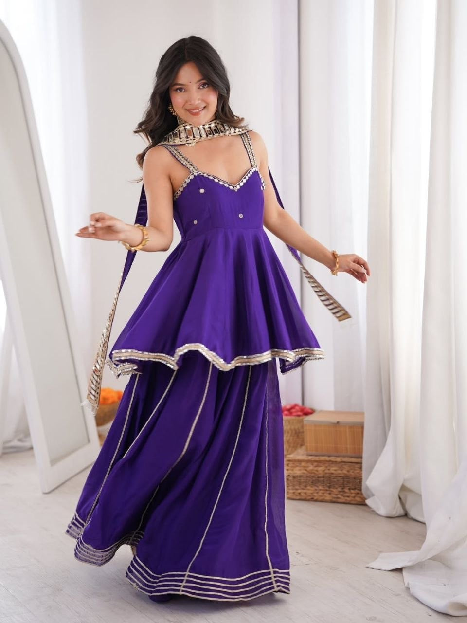 Premium Soft Chinon Mirror Work Palazzo Set With Designer Belt