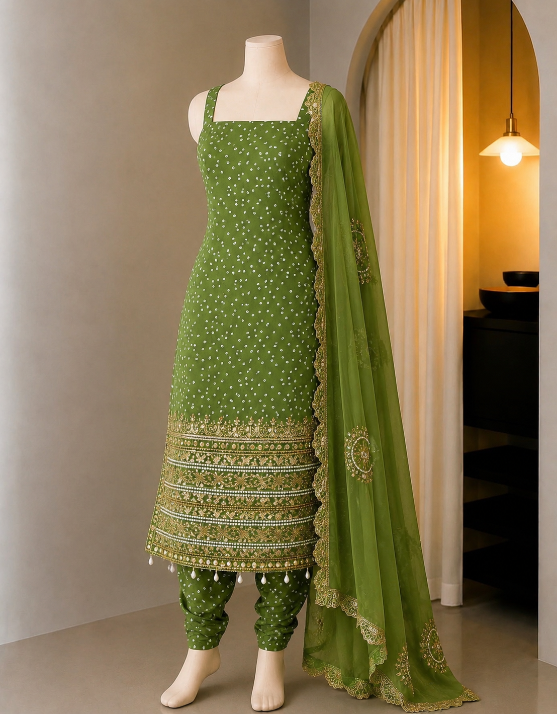 Premium Bandhani Faux Georgette Mirror Work Kurti Set With Churidar & Dupatta