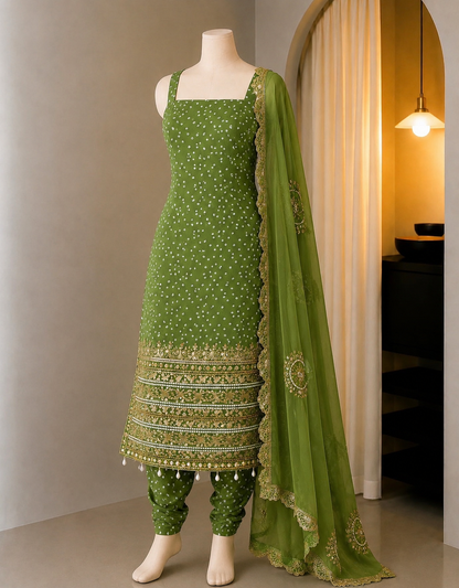Premium Bandhani Faux Georgette Mirror Work Kurti Set With Churidar & Dupatta