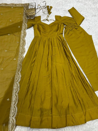 Pure Roman Silk Chanderi Anarkali Set