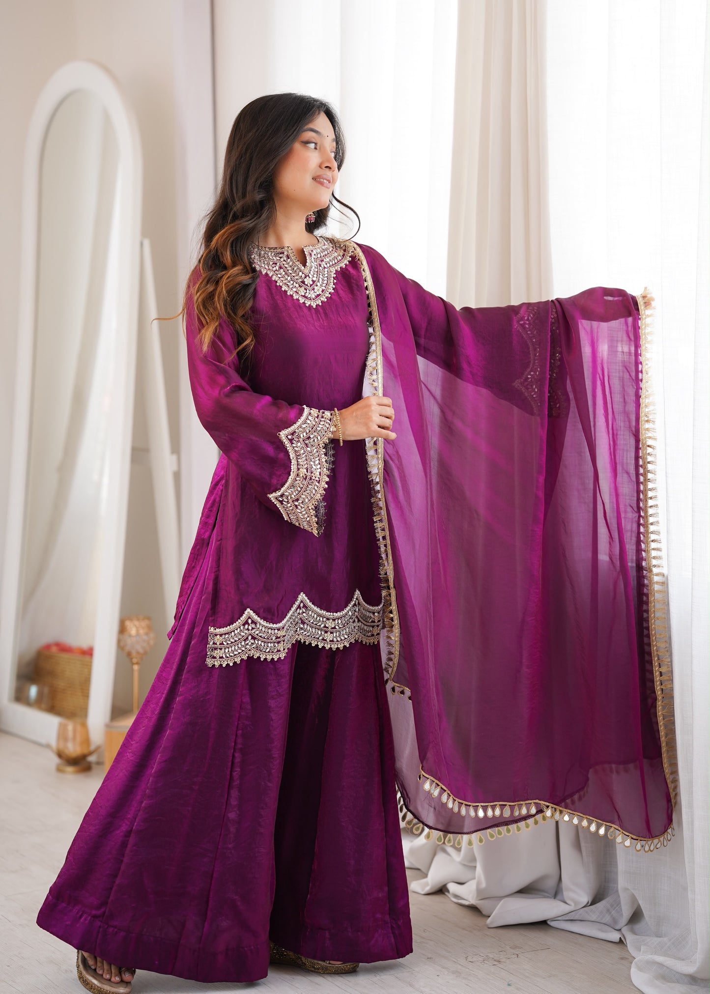 Premium Fendy Silk Mirror Work Top Sharara Set With Dupatta