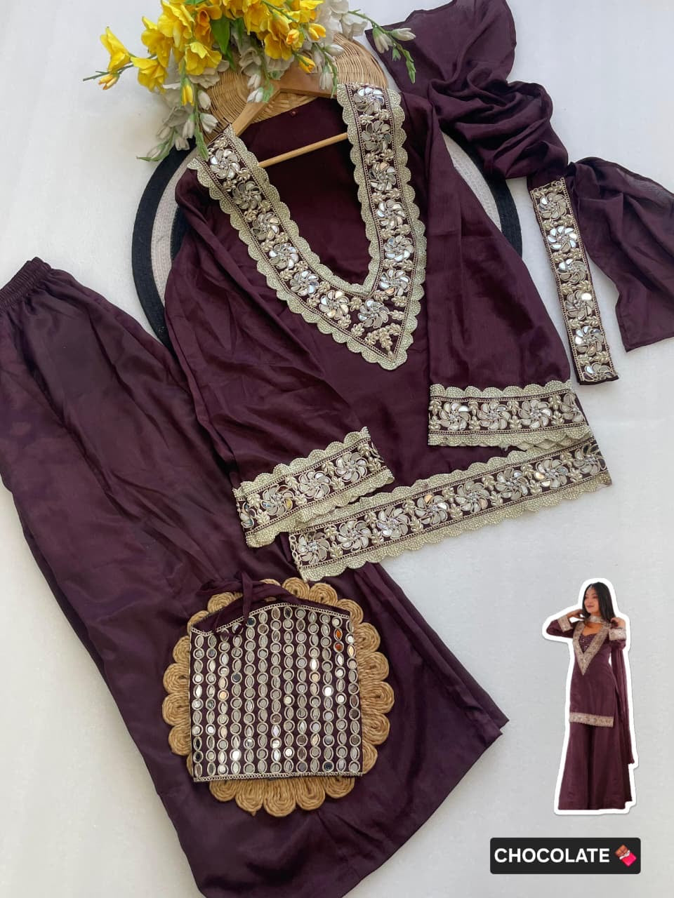 Premium Chinon 4 Piece Sharara Suit Set With Mirror