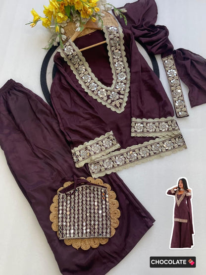 Premium Chinon 4 Piece Sharara Suit Set With Mirror