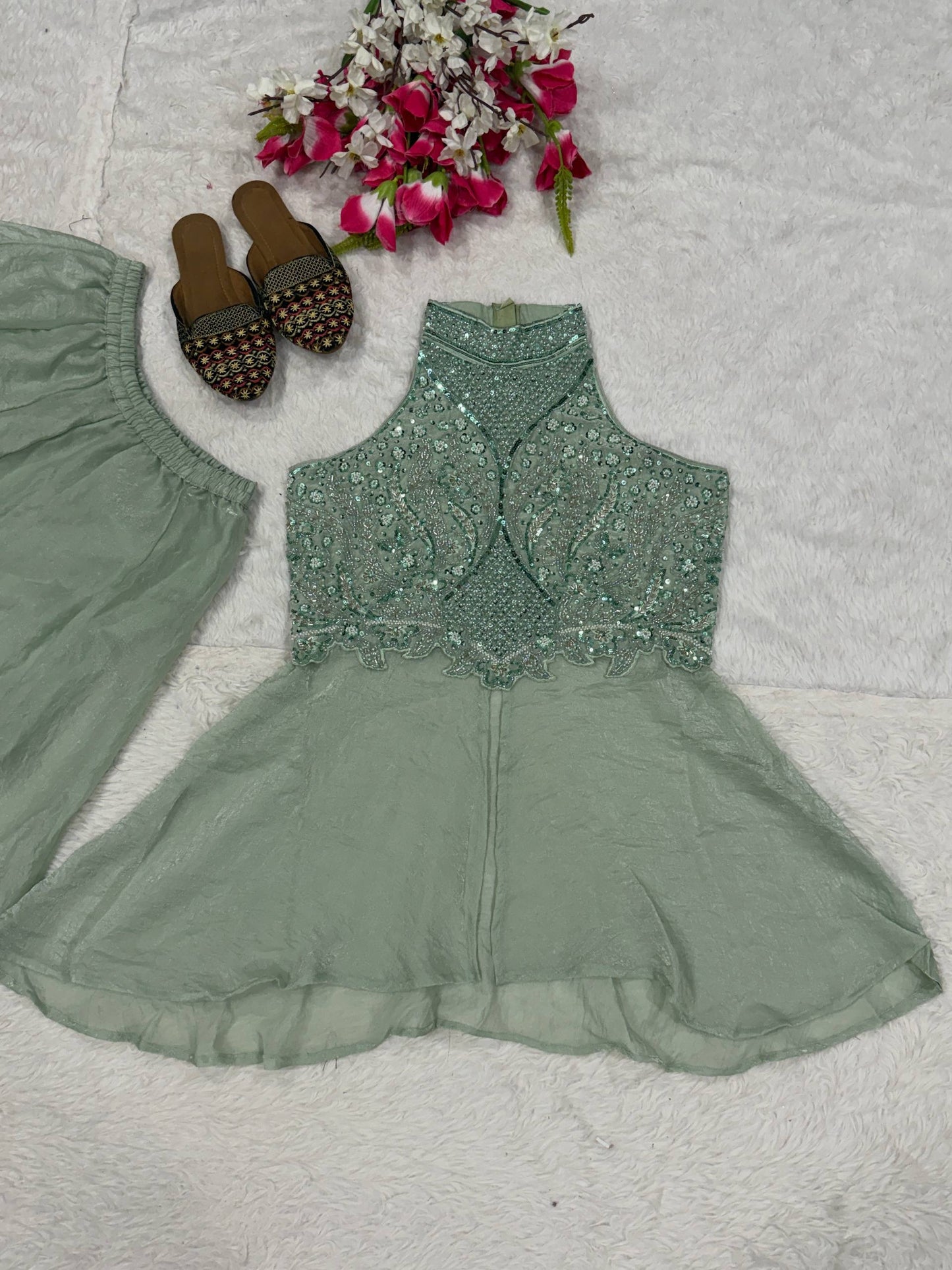 Heavy Fandy Crush Full Neck Handwork Top With Sharara Plazzo Set