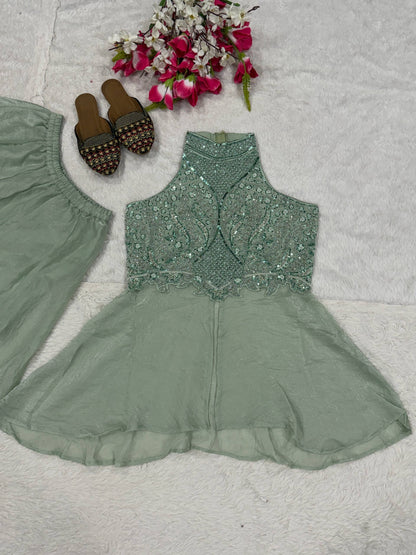Heavy Fandy Crush Full Neck Handwork Top With Sharara Plazzo Set