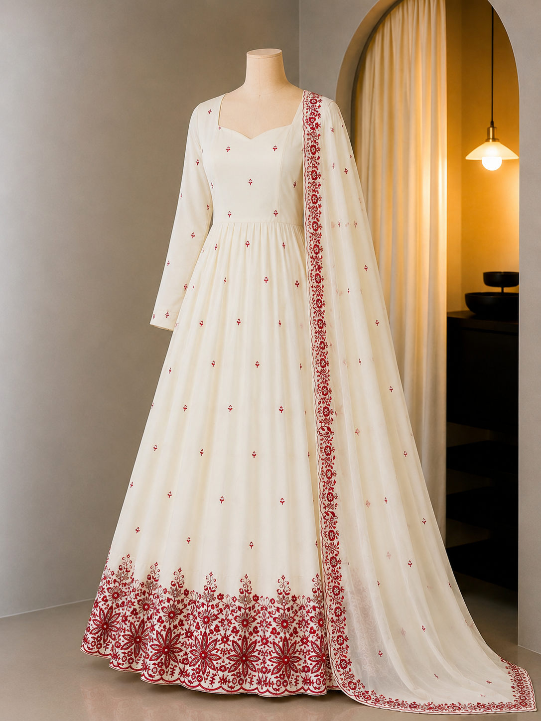 Diamond Silk Embroidered Anarkali Gown with Palazzo and Dupatta Set