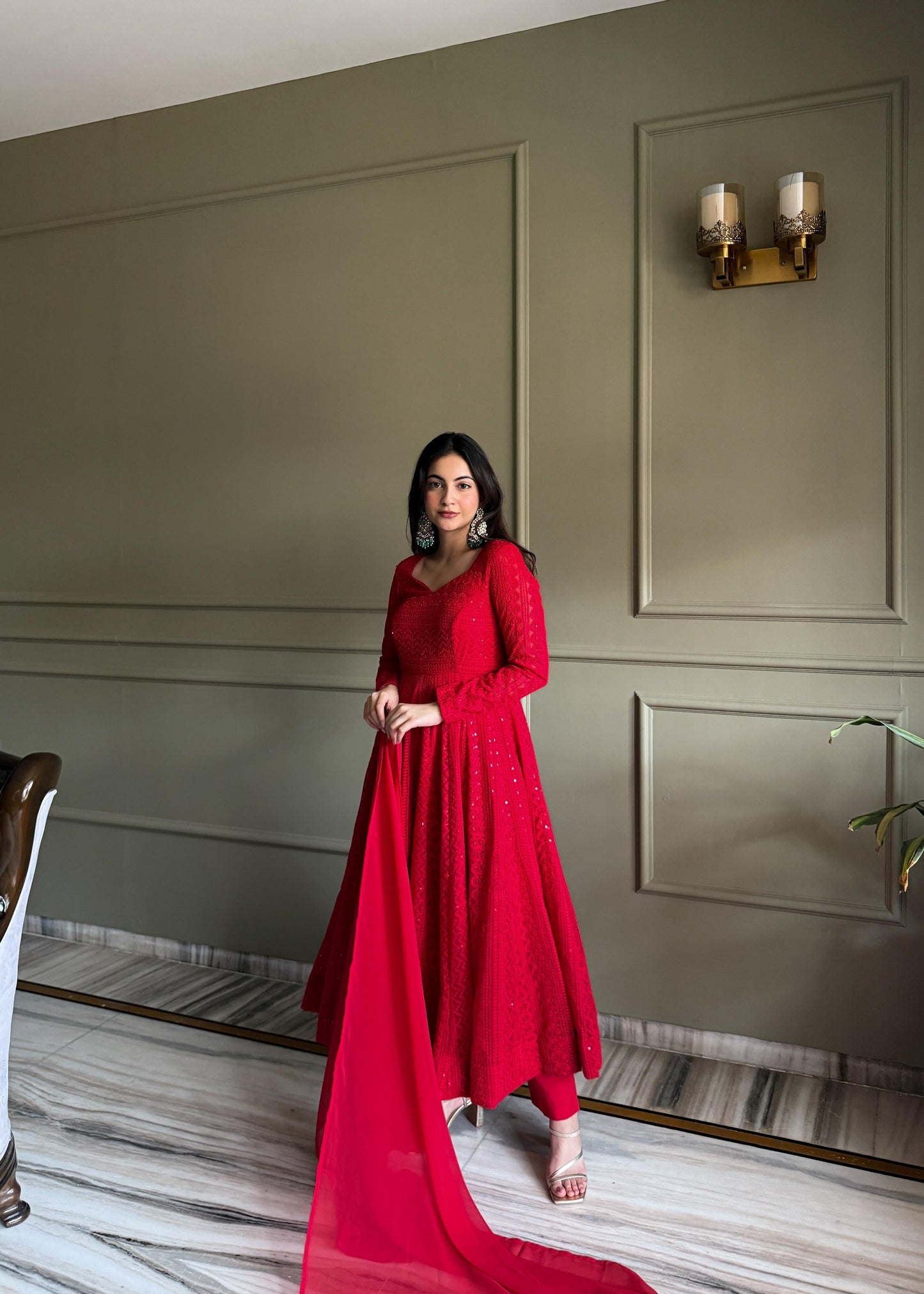 Red Lucknowi Chikankari Set