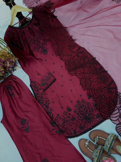 Satin Rayon Top, Plazzo & Dupatta