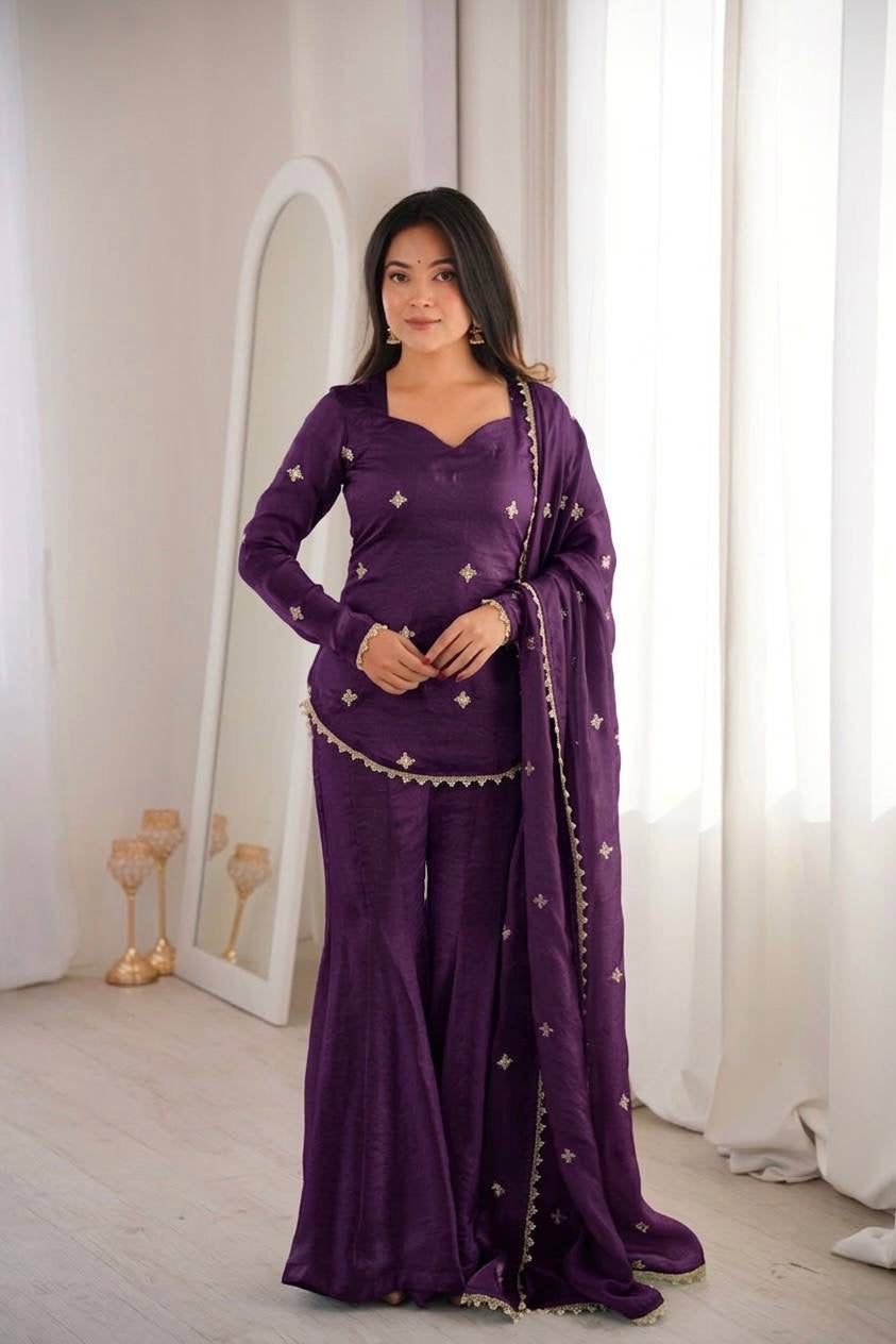 Premium Fendy Silk Embroidered Sharara Palazzo Set With Dupatta