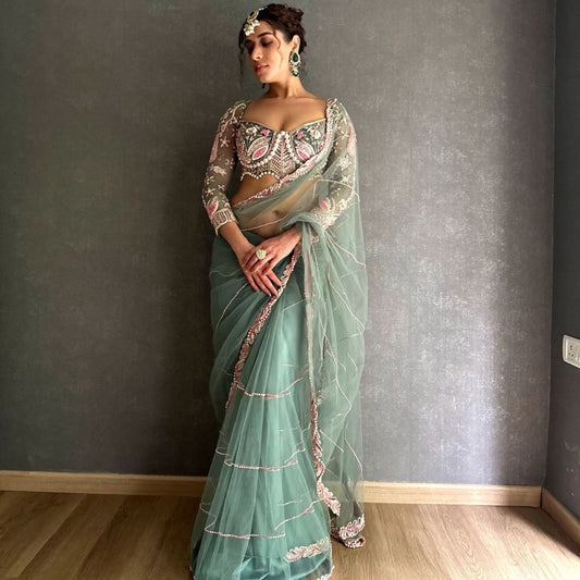 Premium Designer Embroidered Net Saree with Diamond Border
