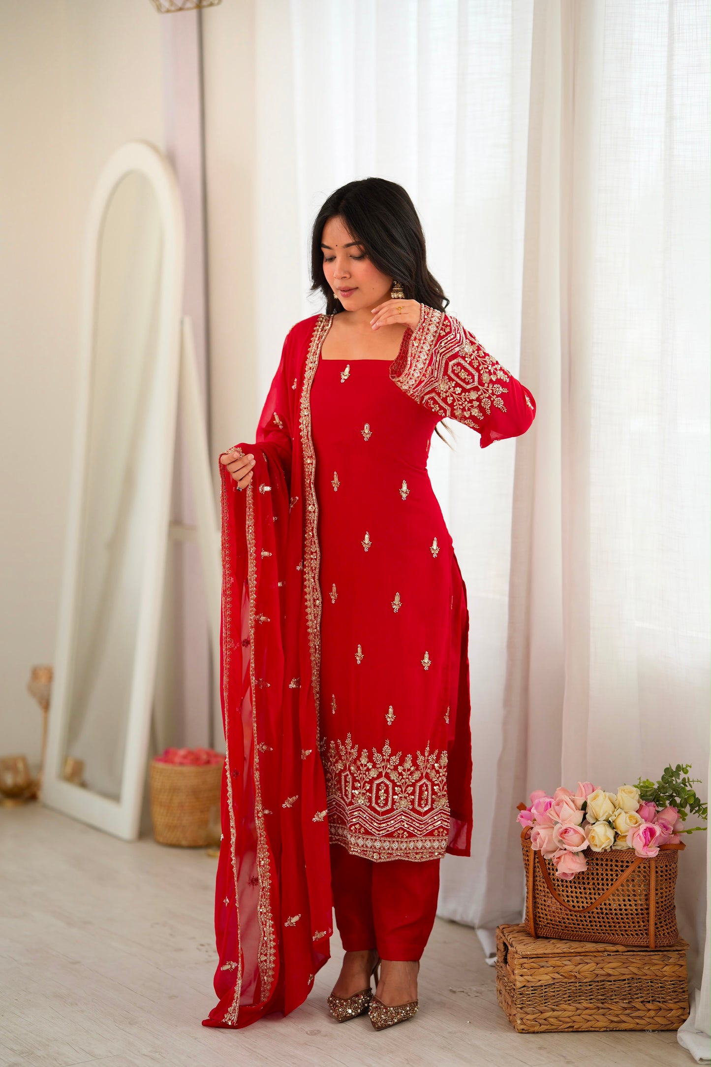 Premium Faux Georgette Beads Sequence Thread Work Suit Set With Dupatta