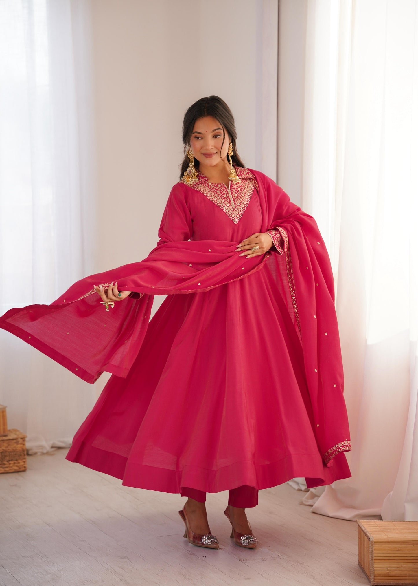Premium Roman Shimmer Silk Anarkali Set with Dupatta & Pant