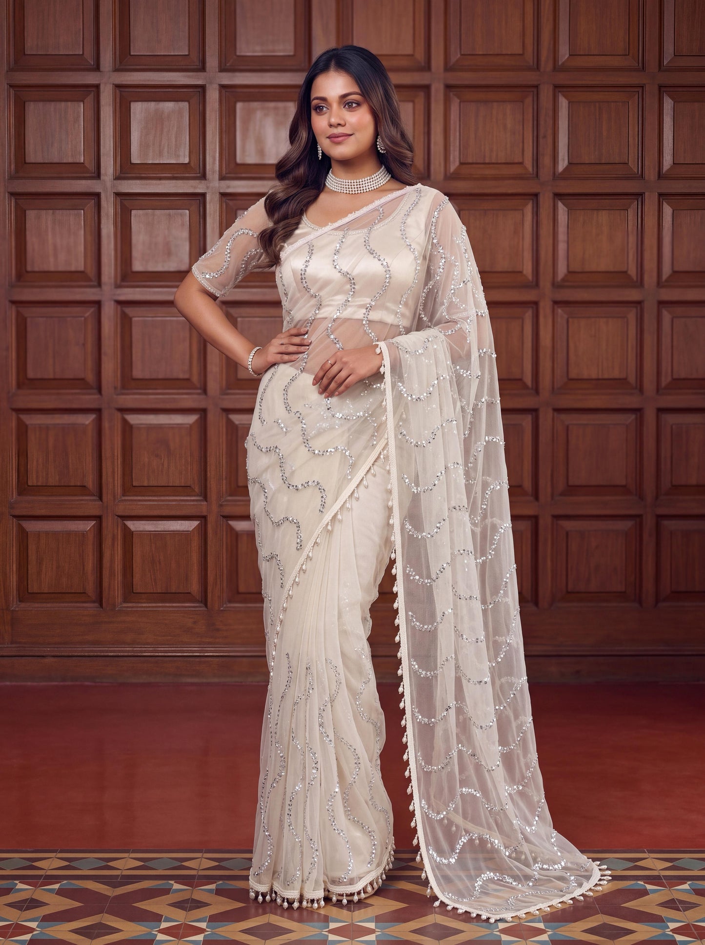 Designer Handwork Net Saree With Beads, Sequence & Pearl Embroidery