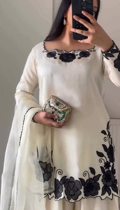 Fendy Silk Embroidery Thread Work Top, Farshi Pant & Dupatta Set