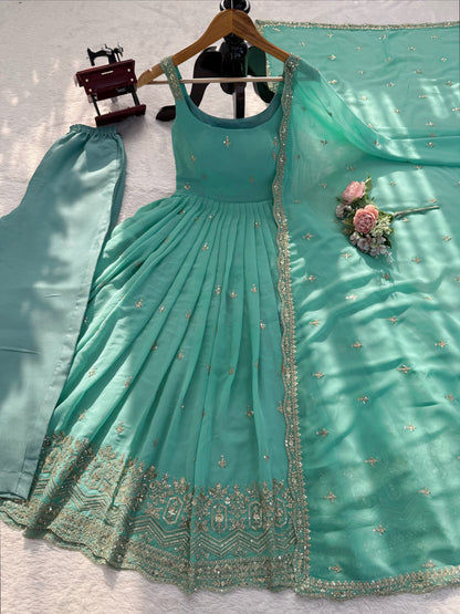 Premium Faux Georgette Embroidered Anarkali Set With Dupatta & Pant