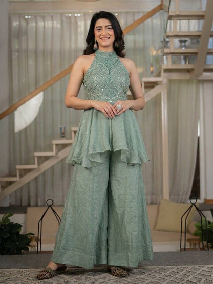Heavy Fandy Crush Full Neck Handwork Top With Sharara Plazzo Set