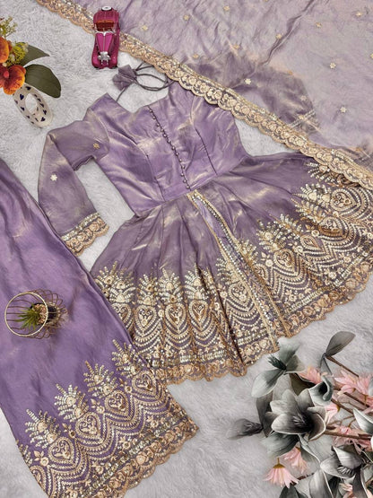 Fendy Satin Silk Gown Sharara Set with Mirror Work