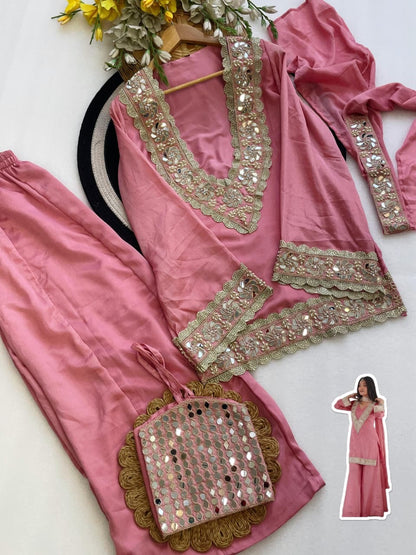 Premium Chinon 4 Piece Sharara Suit Set With Mirror