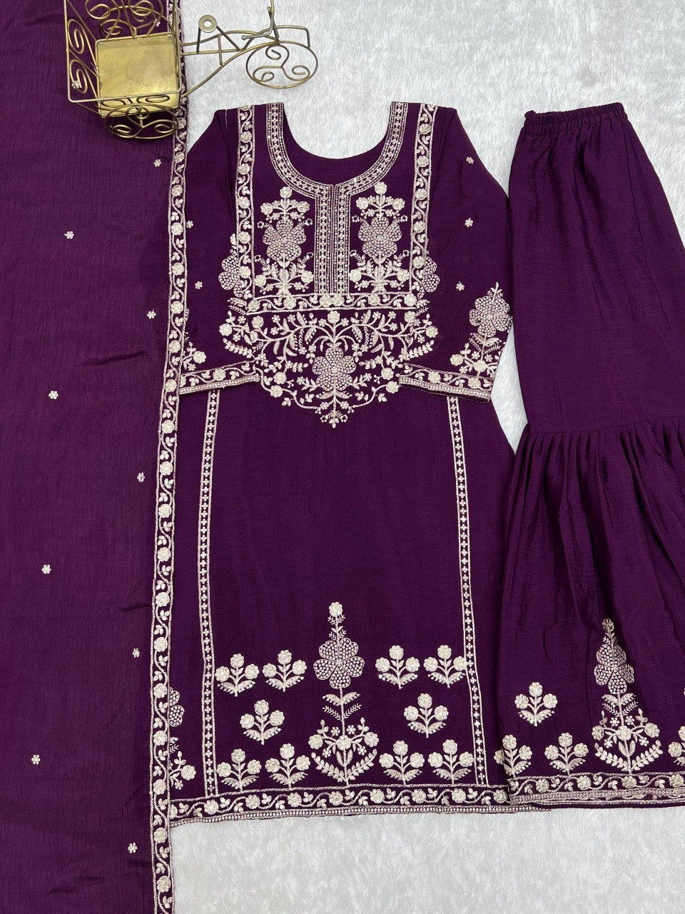 Chinon Silk Top, Sharara & Dupatta Set