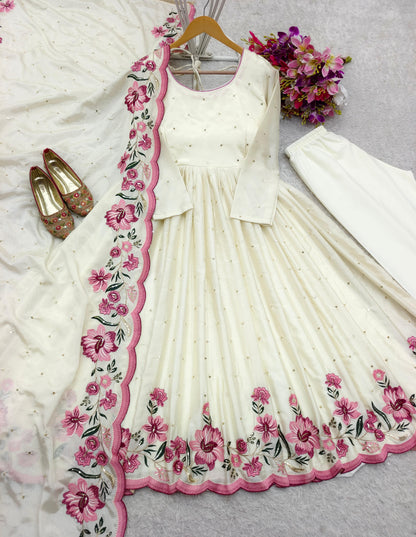 Pure Cinon Silk Gown -Pent  Dupatta Set