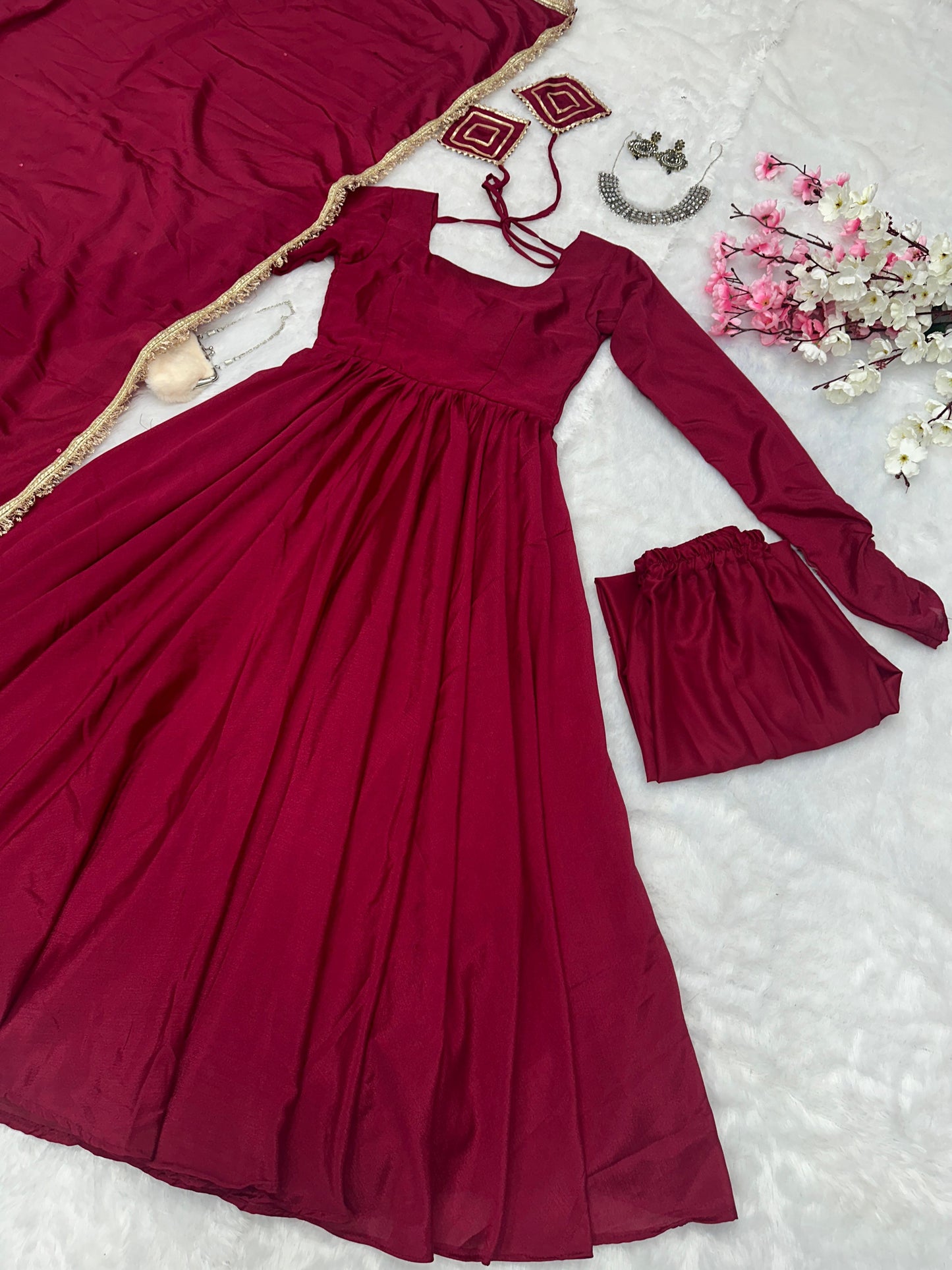 Chinon Silk Anarkali, Pant & Dupatta Set