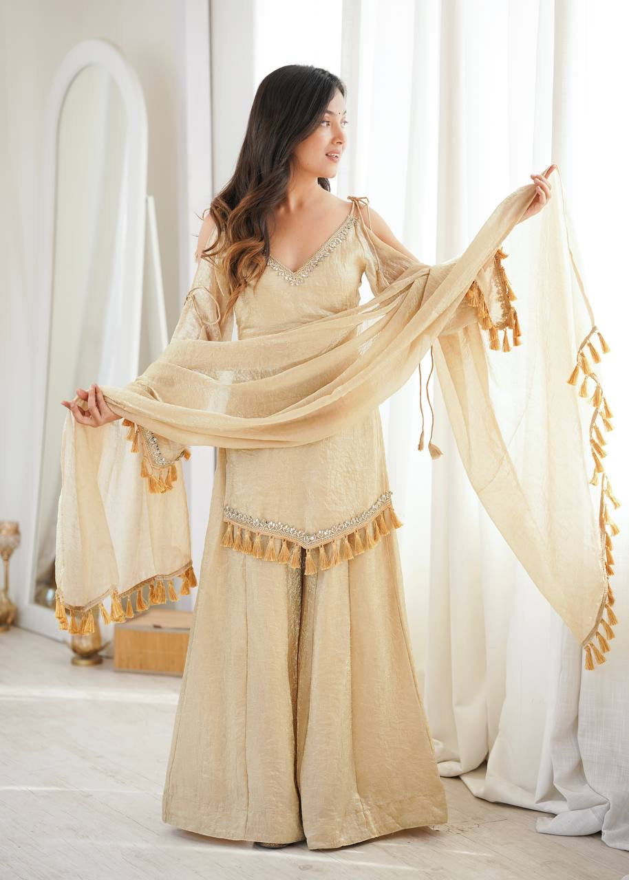 Premium Doremon Crush Mirror Work Top Palazzo Set With Dupatta