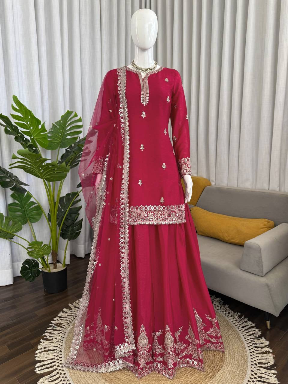 Premium Chinon Silk Thread & Sequence Work Top, Plazzo & Dupatta Set